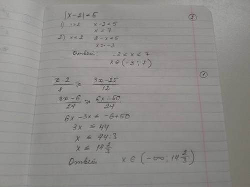 Решите неравенства: 1. х-2/8≥3х-25/12 2. |х-2|< 5 3. х^2- 3х-21/2