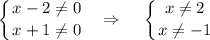 \displaystyle \left \{ {{x-2\ne0} \atop {x+1\ne 0}} \right. ~~\Rightarrow~~~ \left \{ {{x\ne 2} \atop {x\ne-1}} \right.