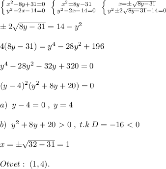 \left \{ {{x^2-8y+31=0} \atop {y^2-2x-14=0}} \right. \; \left \{ {{x^2=8y-31} \atop {y^2-2x-14=0}} \right. \; \left \{ {{x=\pm \sqrt{8y-31}} \atop {y^2\pm 2\sqrt{8y-31}-14=0}} \right. \\\\\pm 2\sqrt{8y-31}=14-y^2\\\\4(8y-31)=y^4-28y^2+196\\\\y^4-28y^2-32y+320=0\\\\(y-4)^2(y^2+8y+20)=0\\\\a)\; \; y-4=0\; ,\; y=4\\\\b)\; \; y^2+8y+20\ \textgreater \ 0\; ,\; t.k\; D=-16\ \textless \ 0\\\\x=\pm \sqrt{32-31}=1\\\\Otvet:\; (1,4).