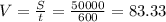 V= \frac{S}{t} = \frac{50000}{600} = 83.33