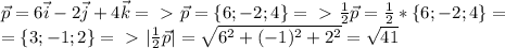 \vec{p}=6\vec{i}-2\vec{j}+4\vec{k} =\ \textgreater \ \vec{p}=\{6;-2;4\} =\ \textgreater \ \frac{1}{2} \vec{p}= \frac{1}{2} *\{6;-2;4\} =\\= \{3;-1;2\} =\ \textgreater \ |\frac{1}{2} \vec{p}| = \sqrt{6^2+(-1)^2+2^2}= \sqrt{41}