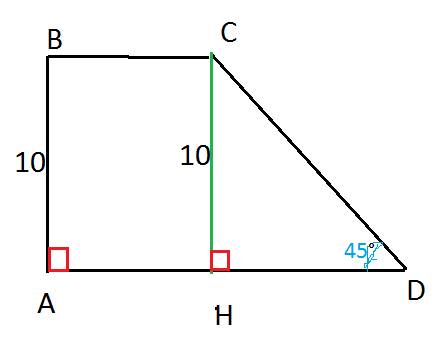 Впрямоугольной трапеции abcd меньшая боковая сторона ав=20 см, угол cda=45 градусов. найдите расстоя