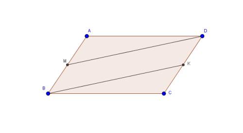 На сторонах ab и cd параллелограмма abcd взяты точки m и k соответственно am=mb ck=cd в докажите что