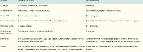 Отличительные признаки строения клеток животных