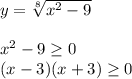 y= \sqrt[8]{x^2-9}\\\\x^2-9 \geq 0\\(x-3)(x+3) \geq 0