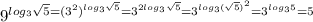 9^{log_3 \sqrt{5}=(3^2)^{log_3 \sqrt{5}}=3^{2log_3 \sqrt{5} }=3^{log_3( \sqrt{5})^2 }=3^{log_35}=5