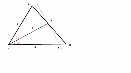 Втреугольнике abc ab = c, ac = b, ad — биссектриса угла bac. через точку d проведена прямая, перпенд