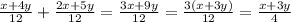 \frac{x+4y}{12}+ \frac{2x+5y}{12}= \frac{3x+9y}{12}= \frac{3(x+3y)}{12}= \frac{x+3y}{4}