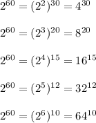 2^{60}=(2^2)^{30}=4^{30}\\\\2^{60}=(2^3)^{20}=8^{20}\\\\2^{60}=(2^4)^{15}=16^{15}\\\\2^{60}=(2^5)^{12}=32^{12}\\\\2^{60}=(2^{6})^{10}=64^{10}