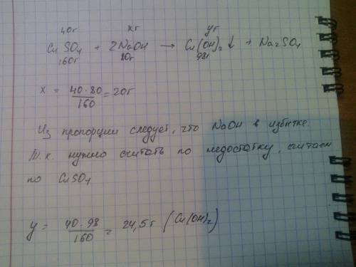 Сколько грамм осадка получится при взаимодействии 40 грамм сульфата меди(2) и 40 грамм гидроксида на
