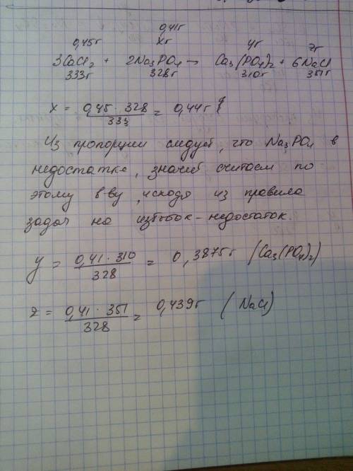 Краствору, содержащему хлорид кальция массой 0,45 г, прилилираствор, содержащий фосфат натрия массой