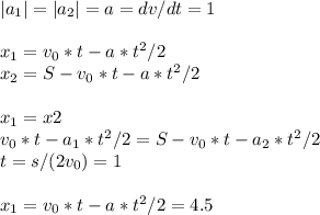 |a_{1}|=|a_{2}|=a=dv/dt=1 \\ \\ x_{1}=v_{0}*t-a*t^2/2 \\ x_{2}=S-v_{0}*t-a*t^2/2 \\ \\ x_{1}=x{2} \\ v_{0}*t-a_{1}*t^2/2 = S-v_{0}*t-a_{2}*t^2/2 \\ t=s/(2v_{0}) =1\\ \\ x_{1}=v_{0}*t-a*t^2/2=4.5