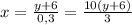 x = \frac{y+6}{0,3} =\frac{10(y+6)}{3}