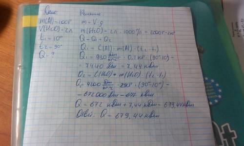Алюминиевая кастрюля массой 100г с 2л воды нагрета от 10°c до 90°c. какое количество теплоты затраче