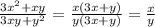 \frac{3x^{2}+xy}{3xy+y^{2}} = \frac{x(3x+y)}{y(3x+y)} = \frac{x}{y}