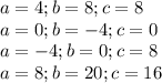 a=4 ; b=8 ; c=8 \\ &#10; a=0 ; b=-4 ; c=0 \\&#10; a=-4 ; b=0 ; c=8 \\&#10; a=8 ; b=20 ; c=16