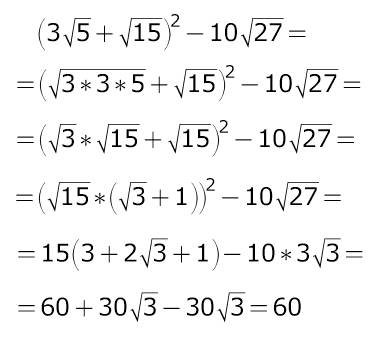 Подробно решите корни: (3*sqrt(5)+sqrt(15))^(2)-10sqrt(27)