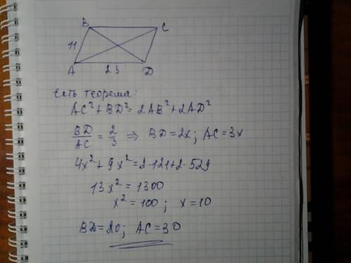 Стороны паралелограма=11-23 см.диагонали 2: 3 видносяться,знайти диагонали!