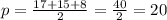 p= \frac{17+15+8}{2} = \frac{40}{2} =20