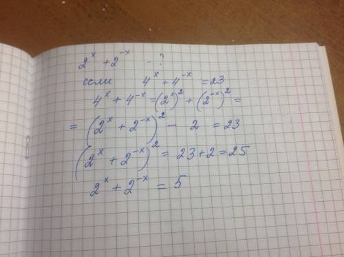 Вычислите сумму 2^x+2^-x, если 4^x+4^-x=23