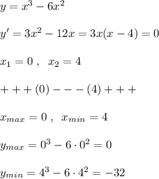 y=x^3-6x^2\\\\y'=3x^2-12x=3x(x-4)=0\\\\x_1=0\; ,\; \; x_2=4\\\\+++(0)---(4)+++\\\\x_{max}=0\; ,\; \; x_{min}=4\\\\y_{max}=0^3-6\cdot 0^2=0\\\\y_{min}=4^3-6\cdot 4^2=-32