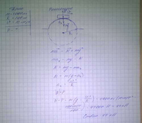 Автомобиль массой 5т движется с постоянной по модулю скоростью 36 км/ч по выпуклому мосту радиусом 1