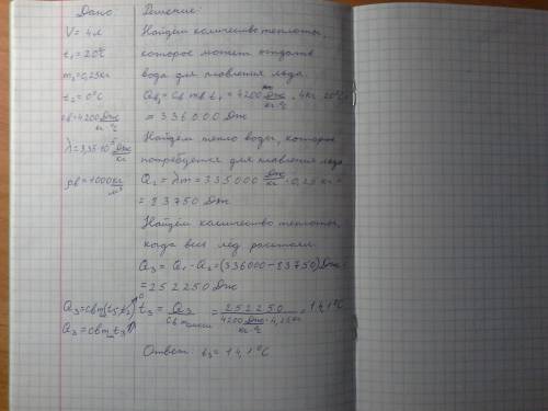 Вводу, занимающую объем v= 4 л и нагретую до температуры t1=20 0c, брошен кусок льда массой m2= 250