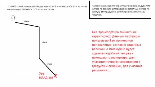 Азимут. найдите клад. пройти от растущего на поляне дуба 400 метров по азимуту 100 градусов,а затем