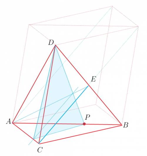 Втетраэдре dabc p принадлежит ab, ce - медиана грани dcb. построить сечение тетраэдра плоскостью, пр