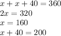 x+x+40=360 \\ 2x=320 \\ x=160 \\ x+40=200