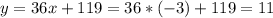 y=36x+119=36*(-3)+119=11