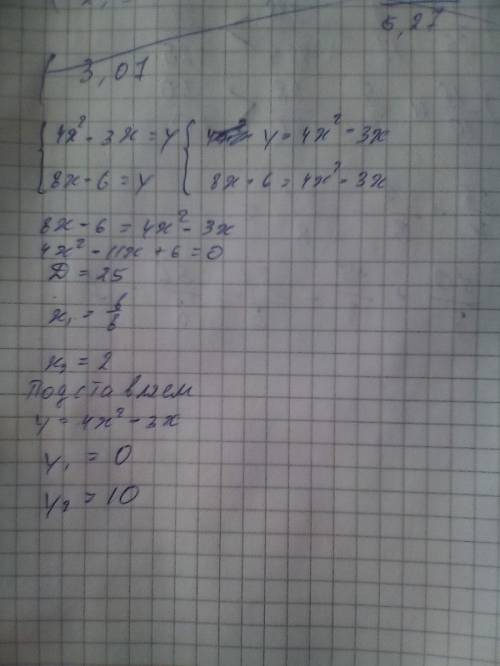 Как решить систему квадратных уравнений 4х2-3х=у и 8х-6=у