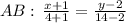 AB:\, \frac{x+1}{4+1}=\frac{y-2}{14-2}