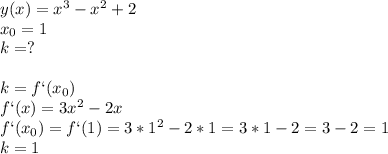 y(x)=x^3-x^2+2\\x_0=1\\k=?\\\\k=f`(x_0)\\f`(x)=3x^2-2x\\f`(x_0)=f`(1)=3*1^2-2*1=3*1-2=3-2=1\\k=1