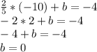 \frac{2}{5}*(-10)+b=-4 \\ &#10;-2*2+b=-4 \\ -4+b=-4 \\ b=0