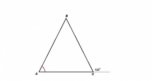 Вравнобедренном треугольнике abc с основанием ac внешний угол при вершине c равен 123 градуса. найди