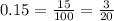 0.15 = \frac{15}{100} = \frac{3}{20}