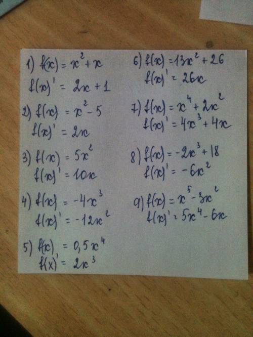 Найти производную функции 1) f(x)=x^2+x 2) f(x)=x^2-5 3) f(x)=5x^2 4) f(x)=-4x^3 5) f(x)=0,5x^4 6) f