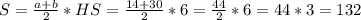 S= \frac{a+b}{2} *H S=\frac{14+30}{2} *6= \frac{44}{2} *6=44*3=132