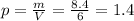 p=\frac{m}{V}= \frac{8.4}{6} =1.4