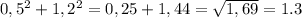 0,5^{2} + 1,2^{2} = 0,25+1,44= \sqrt{1,69} = 1.3