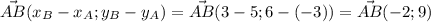 \vec{AB}(x_B-x_A; y_B-y_A)=\vec{AB}(3-5; 6-(-3))=\vec{AB}(-2;9)