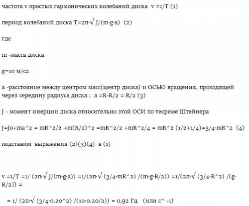 Определить частоту гармонических колебаний диска радиусом r=20см, около горизонтальной оси,проходяще