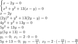 \begin{cases} x-2y=0 \\ x^2+y^2+13(x-y)=0 \right \end{cases}&#10;\\\&#10;x=2y&#10;\\\&#10;(2y)^2+y^2+13(2y-y)=0&#10;\\\&#10;4y^2+y^2+13y=0&#10;\\\&#10;5y^2+13y=0&#10;\\\&#10;y(5y+13)=0&#10;\\\&#10;y_1=0; \ x_1=2\cdot0=0&#10;\\\&#10;5y+13=0; \ y_2=- \frac{13}{5} ; \ x_2=2\cdot(- \frac{13}{5} )= -\frac{26}{5}