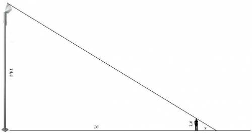 Человек ростом 1.6 стоит на расстоянии 16м от столба на котором висит лампочка на высоте 14.4м. найд