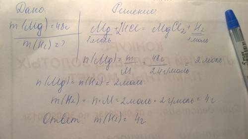Рассчитать массу водорода, который образуется при взаимодействии 48 грамм магния с соляной кислотой.