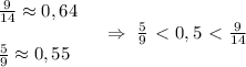 \frac{9}{14} \approx0,64 \\~~~~~~~~~~~~~~~~~~\Rightarrow ~\frac{5}{9} \ \textless \ 0,5\ \textless \ \frac{9}{14}\\ \frac{5}{9} \approx0,55