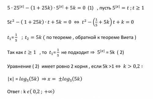Найдите все значения параметра k, при каждом из которых уравнение 5*25^|x| -(1 +25k) * 5^|k| +5k=0
