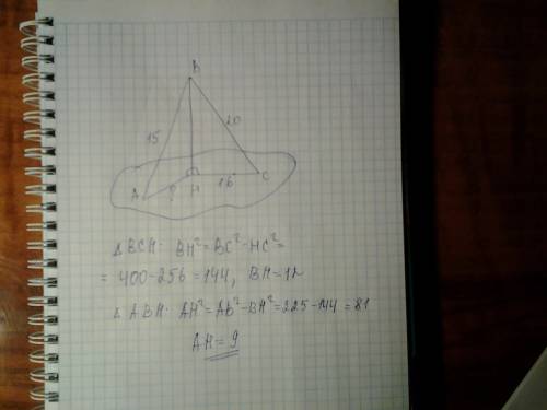 Отрезки двух наклонных, проведенных из одной точки к плоскости, равны 15 см и 20см, проекция одного
