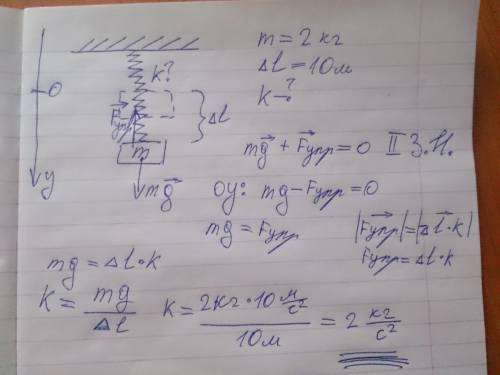 Под действием груза массой 2 кгпружина растнулась на 10 м.определите жесткость пружины